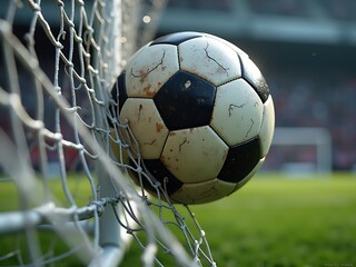 Naklejka premium A classic soccer ball caught in the net, highlighting a goal scored on a bright green field.