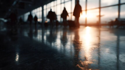 Blurred figures in a bustling airport terminal at sunset