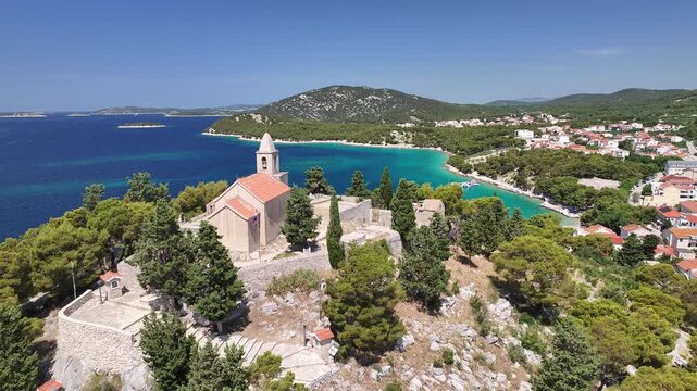 Tribunj Church and Zamalin Beach Aerial View