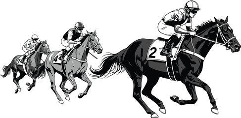 Obraz premium Illustration of three race horses and jockeys racing in a horse race on a white background