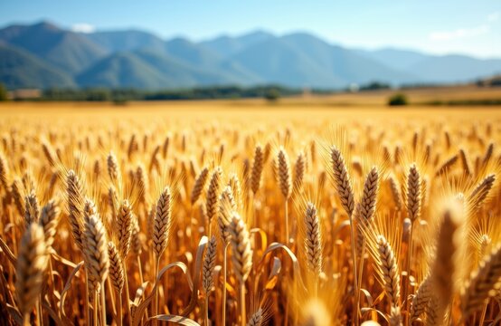 Golden wheat field stretching towards distant mountains under a clear blue sky