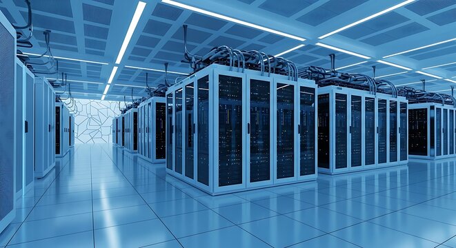 Rows of servers in a data center, showcasing technology and infrastructure.