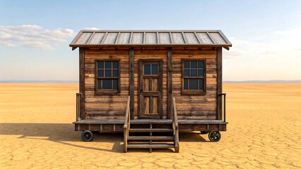 Tiny wooden house cabin with stairs on wheels in dry desert landscape

