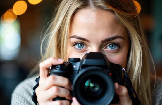 Woman taking a photograph with a professional camera in a cozy indoor setting