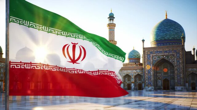Dawn-lit Iranian flag waving before grand mosque, sun rising, gentle atmospheric movement
