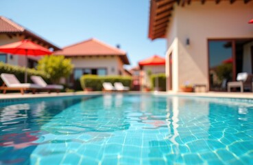 Obraz premium Relaxing outdoor swimming pool with clear blue water and surrounding lounge area
