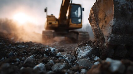 Fototapeta premium Excavator digging at a construction site with sharp lighting