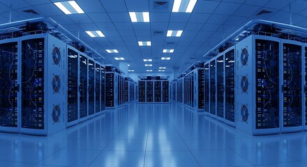 Rows of powerful servers fill a vast, cool data center, their ventilation systems humming quietly in the dimly lit space.