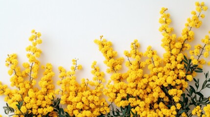 Bright yellow mimosa blossoms on white background
