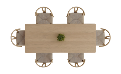 A padded, focused view of an oval yellow table with chairs around it, against a white background, in a top-down view, high-resolution photography.