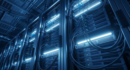 A server room with multiple racks and cables, illuminated by blue lights, showcasing data storage and connectivity.