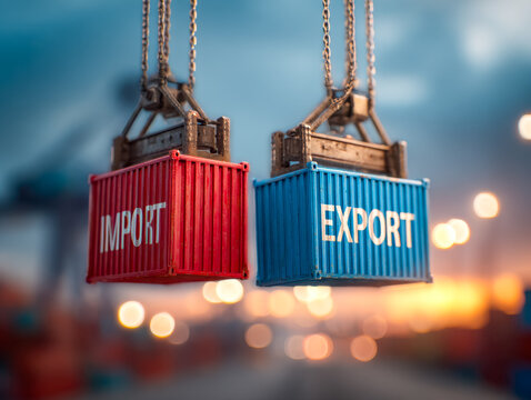 Shipping containers labeled "import" and "export" representing international trade operations