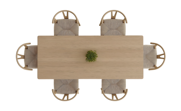 A padded, focused view of an oval yellow table with chairs around it, against a white background, in a top-down view, high-resolution photography.