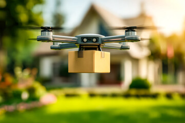 Drone delivering a package in a suburban neighborhood during sunset