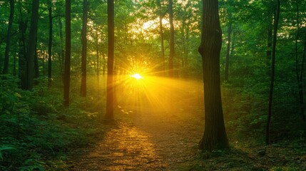 Obraz premium Serene Sunrise Through Lush Forest Trees