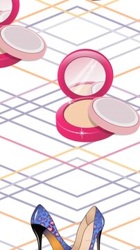 Animation of high heels and powder repeated on white background