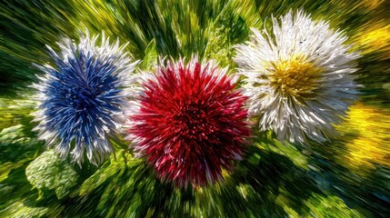 Vibrant floral display of three flowers in patriotic colors.