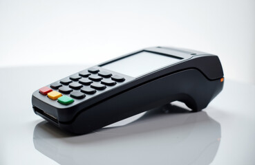 Point-of-sale terminal with numeric keypad and display screen on a white surface