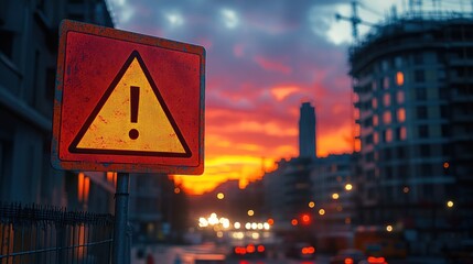 Caution sign at sunset over construction site