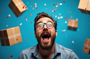 Man with glasses celebrating as colorful confetti and cardboard boxes fall around him
