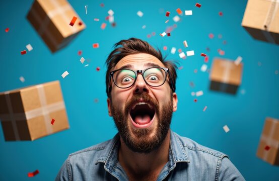 Man with glasses celebrating as colorful confetti and cardboard boxes fall around him