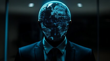 Global Business Network Concept Man Wearing Suit with Glowing World Map