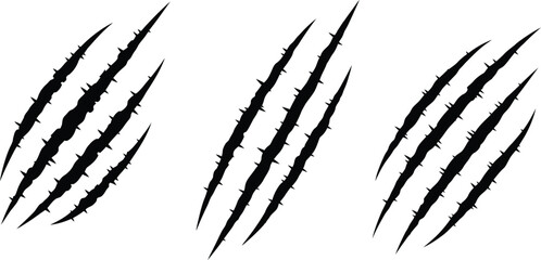 Three sets of four claw marks with sharp spikes on a white background in a vector illustration