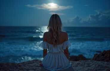 Woman sitting on rocky beach facing the ocean during moonlit night