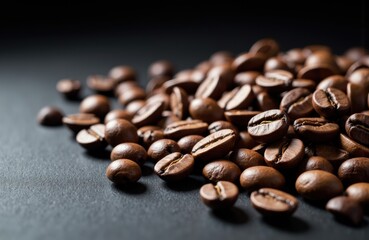 Naklejka premium Coffee beans scattered on dark surface with soft lighting highlighting their texture and shine
