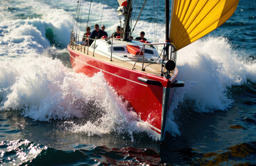 Fototapeta premium A red sailboat speeds across the water with a yellow sail, creating splashes and dynamic movement