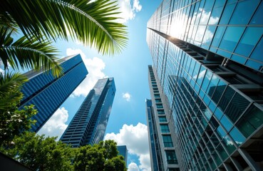 Modern skyscrapers reflecting the blue sky and clouds, surrounded by lush green palm trees in an urban setting