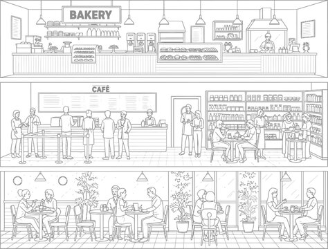 Cross section illustration of a multi level bakery and cafe with customers and staff