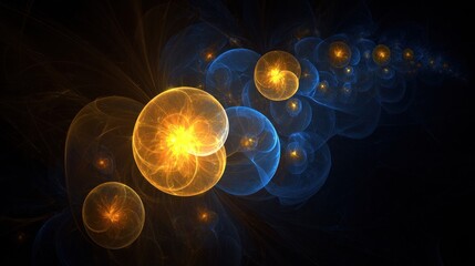 Abstract design of swirling spheres in shades of blue and gold.