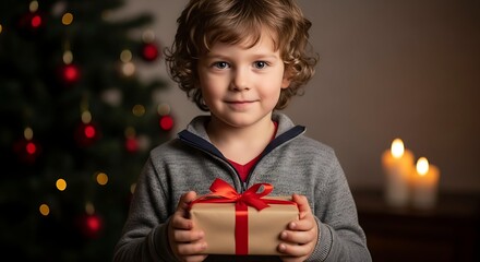 A young boy smiles proudly, holding a Christmas gift in front of a decorated tree.