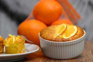 Orange cake made from cooked oranges puree in a ramekin