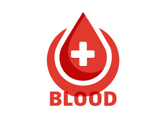 Obraz premium Red blood drop with white cross inside and blood text below