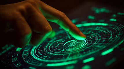 Futuristic digital interface with a human hand interacting with a holographic display