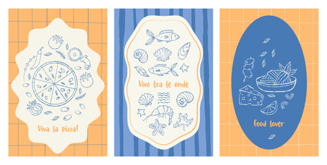 Retro Vintage Italian food Posters. Dolce vita Hand drawing. Isolated Mediterranean aesthetics postcards with pasta, Pizza, vegetables, seafood and cheese. Vector outline vertical Banner card. Not AI