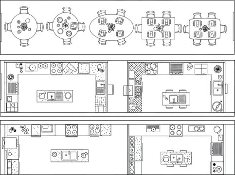 Top down architectural floor plan layouts of dining rooms and kitchens