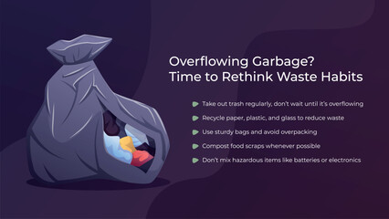 Vector illustration of an overflowing garbage bag surrounded by litter and waste. Educational banner design about trash management and recycling.