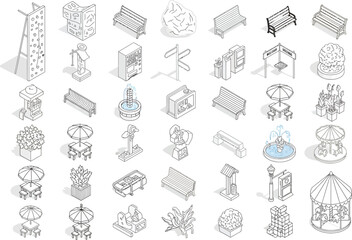Collection of isometric line art illustrations of park and street furniture and elements