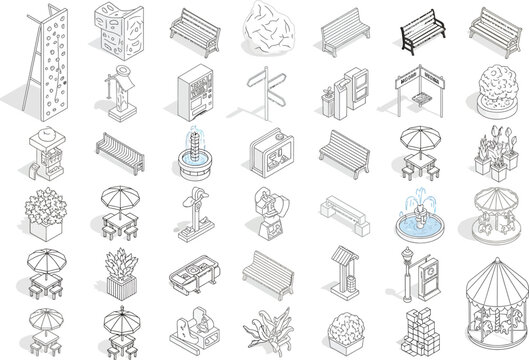 Collection of isometric line art illustrations of park and street furniture and elements