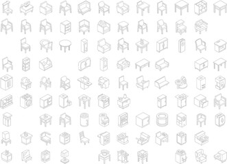 Collection of isometric line art furniture icons for interior design and architecture