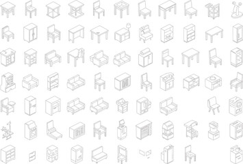 Obraz premium Collection of isometric line art illustrations of furniture and office supplies