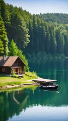 wooden cabin with a boat on the shore of a mountain lake
