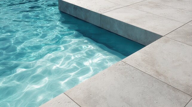 Sunlight shimmering across turquoise pool waters, contrasting sleek concrete paving, embodying minimalist outdoor design and peaceful architectural harmony