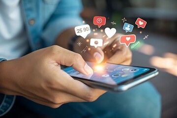 Alert notification concept. Push Notifications, Web Reminders, Time Table and Announcements. Person using smartphone with notification icon on virtual screen.