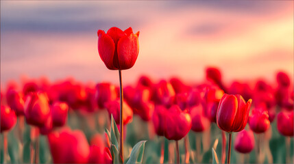 Obraz premium Vibrant red tulips blooming in a colorful field at sunset
