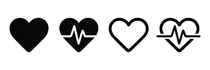 Heart Rate Monitor Icons: Four Stylish Black and White Heart Symbols with and without Heartbeat Line Graphics Vector