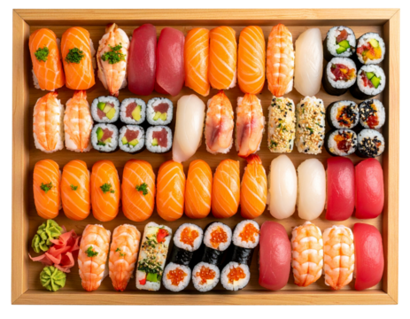 Top View Traditional Sushi Platter with Nigiri and Maki Rolls, Wooden Tray Presentation, Transparent Background